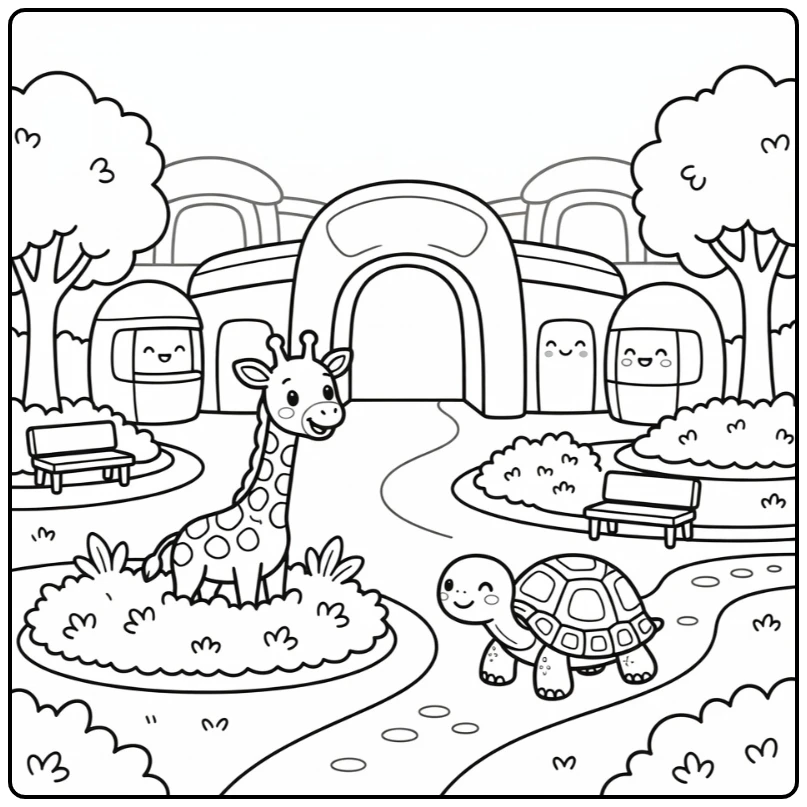 Cute zoo coloring page: giraffe and tortoise at entrance plaza