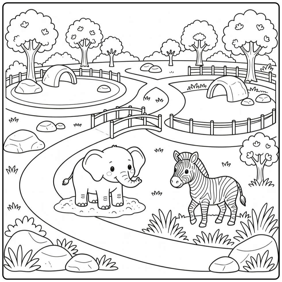 Cute zoo coloring page: baby elephant, zebra, safari bridge