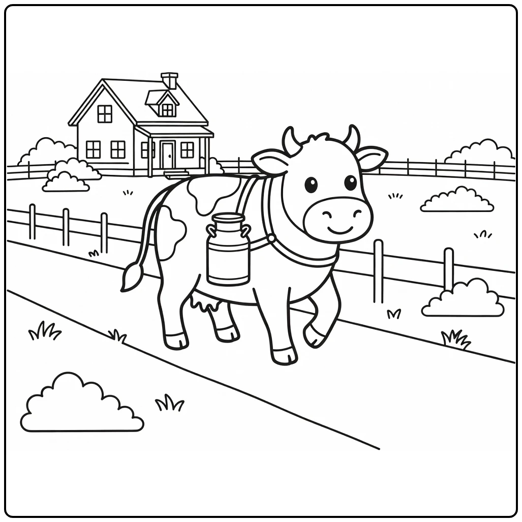 Dairy cow coloring pages: cow with milk can on farm path