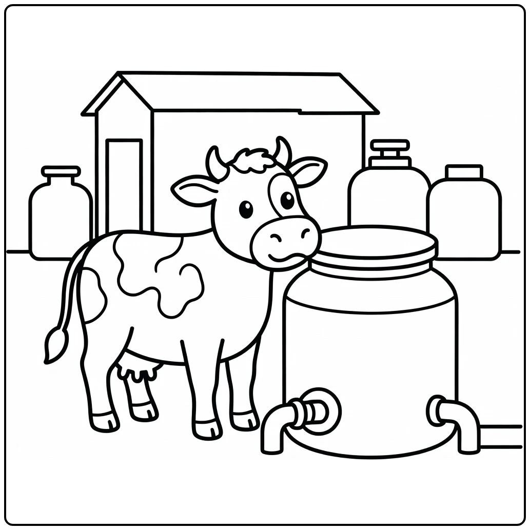 Curious dairy cow coloring pages nudging milk tank lid (58 chars)