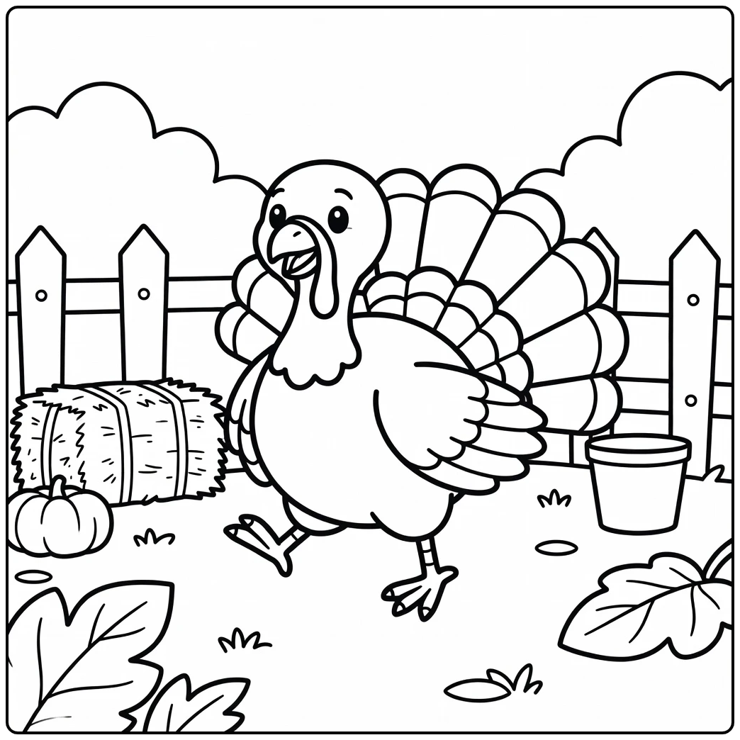 Dancing turkey coloring page with farmyard elements