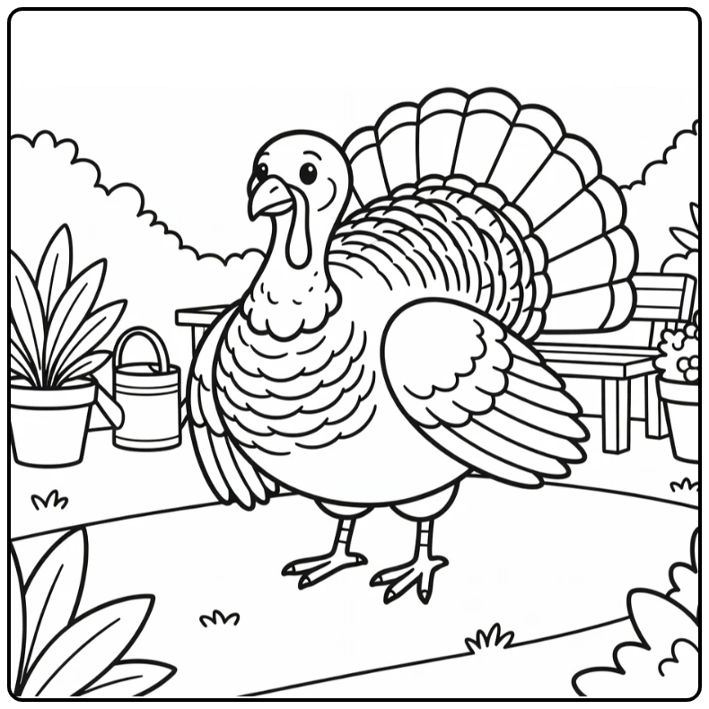 Dancing turkey coloring page with garden bench and pots