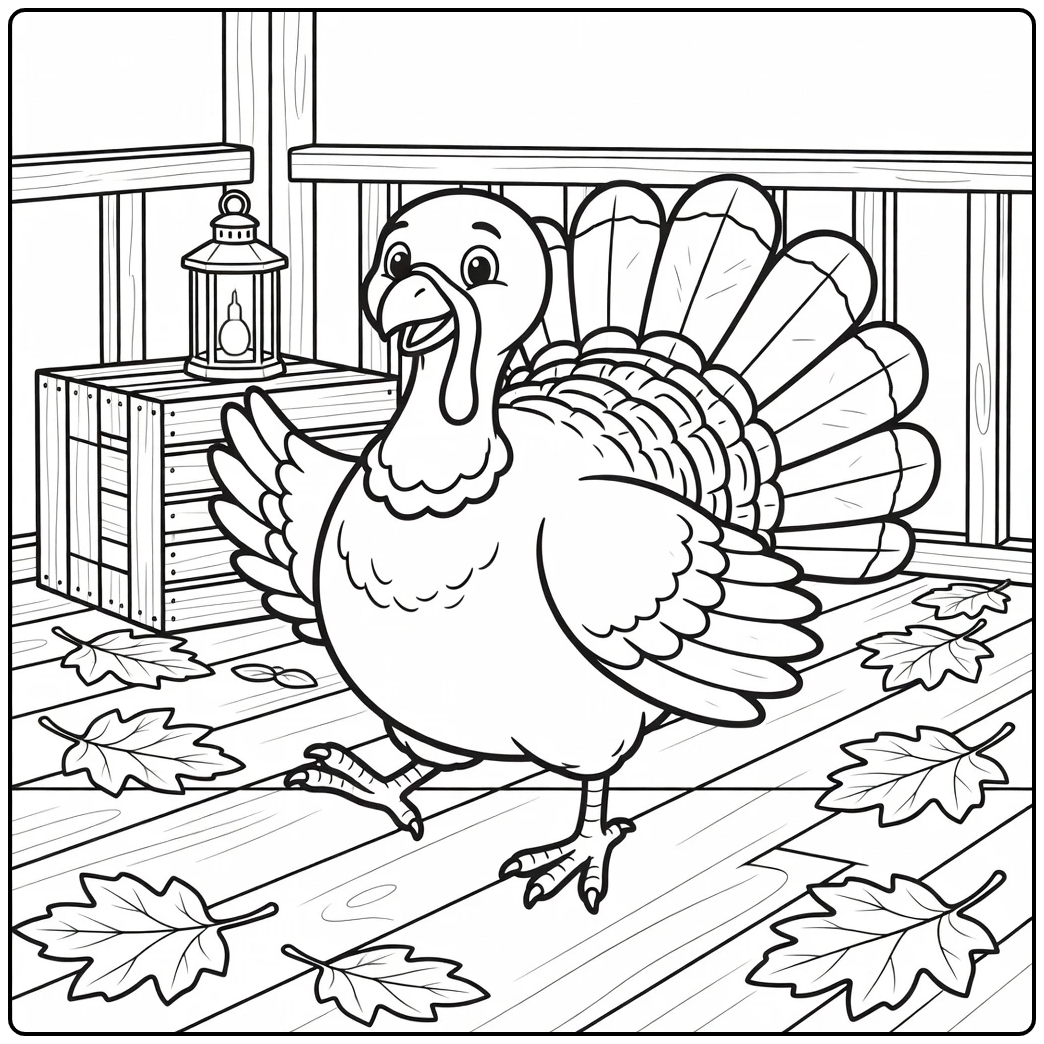 dancing turkey coloring page of plump turkey on rustic porch
