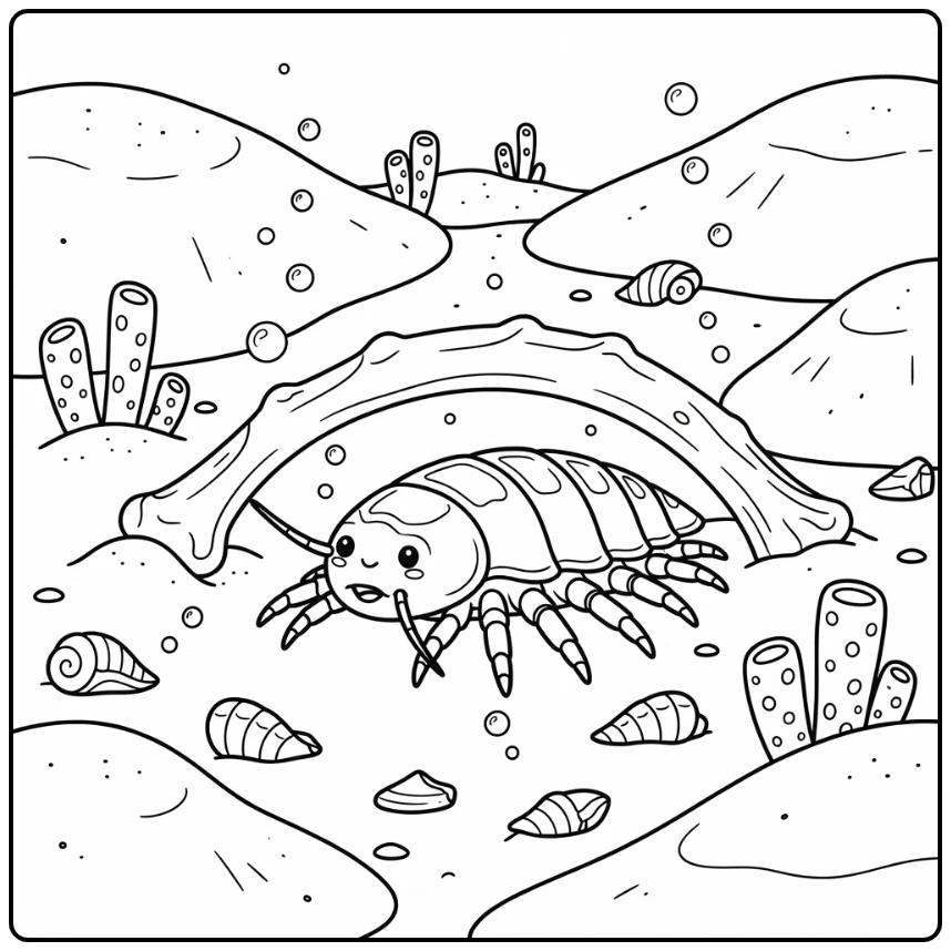 Deep sea animals coloring page: giant isopod near whale rib