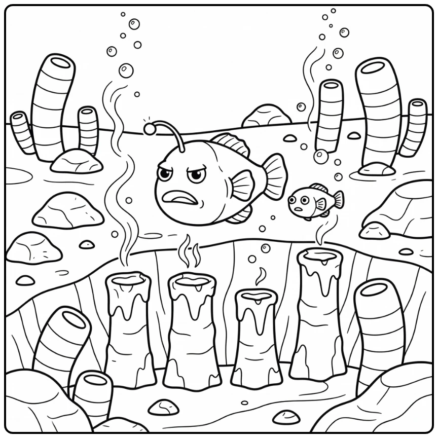 Deep sea animals coloring page: anglerfish over vents, lanternfish