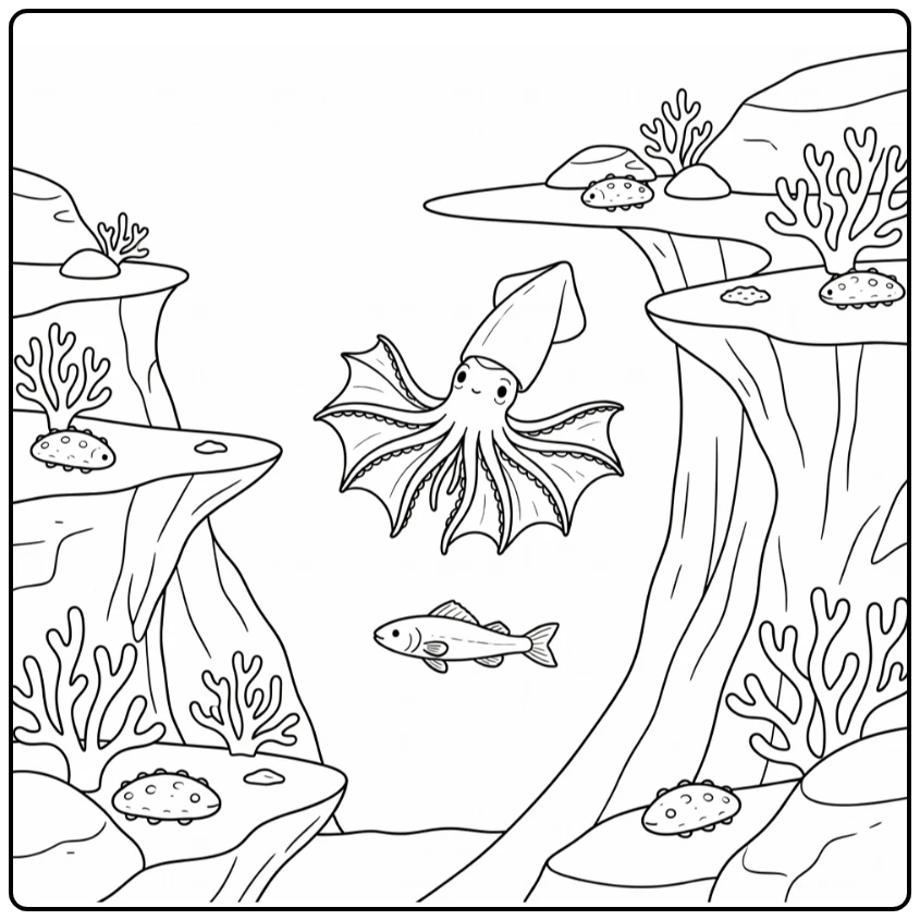 Deep sea animals coloring page: vampire squid & rattail fish
