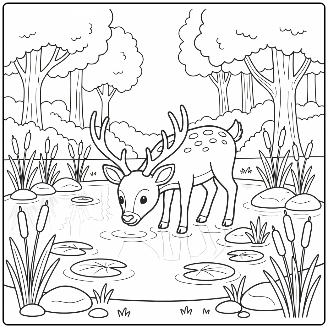 Wild animals coloring page: deer drinks at woodland pond