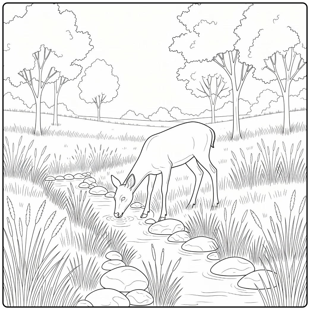Realistic animal coloring page: deer drinks from stream in meadow
