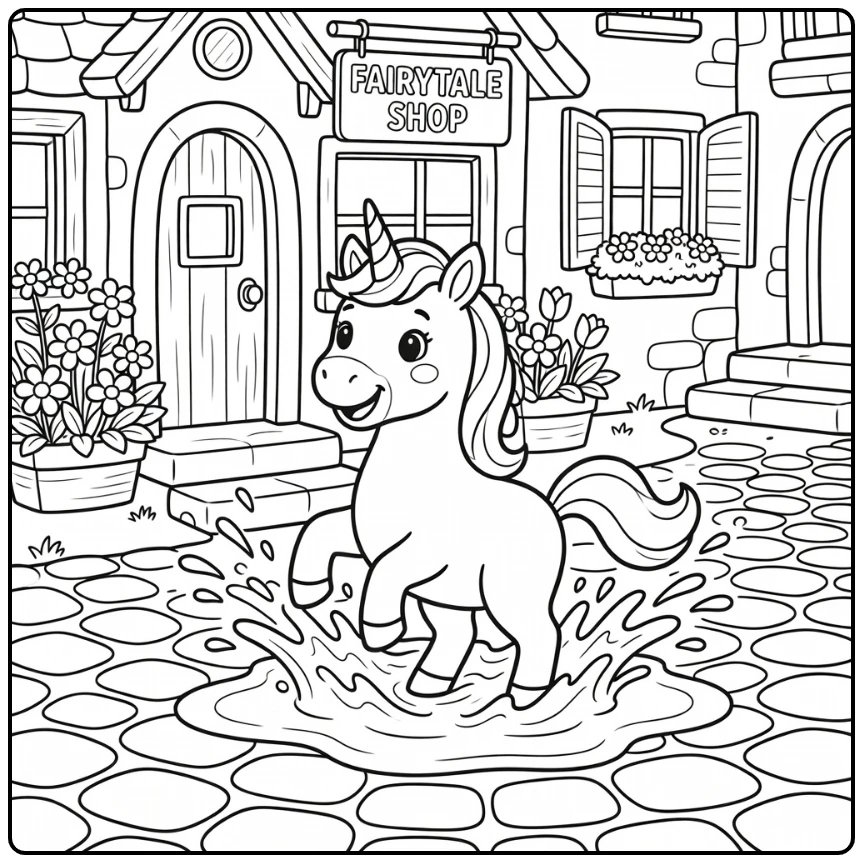 Unicorn splashing puddle on cobblestone, unicorn coloring pages