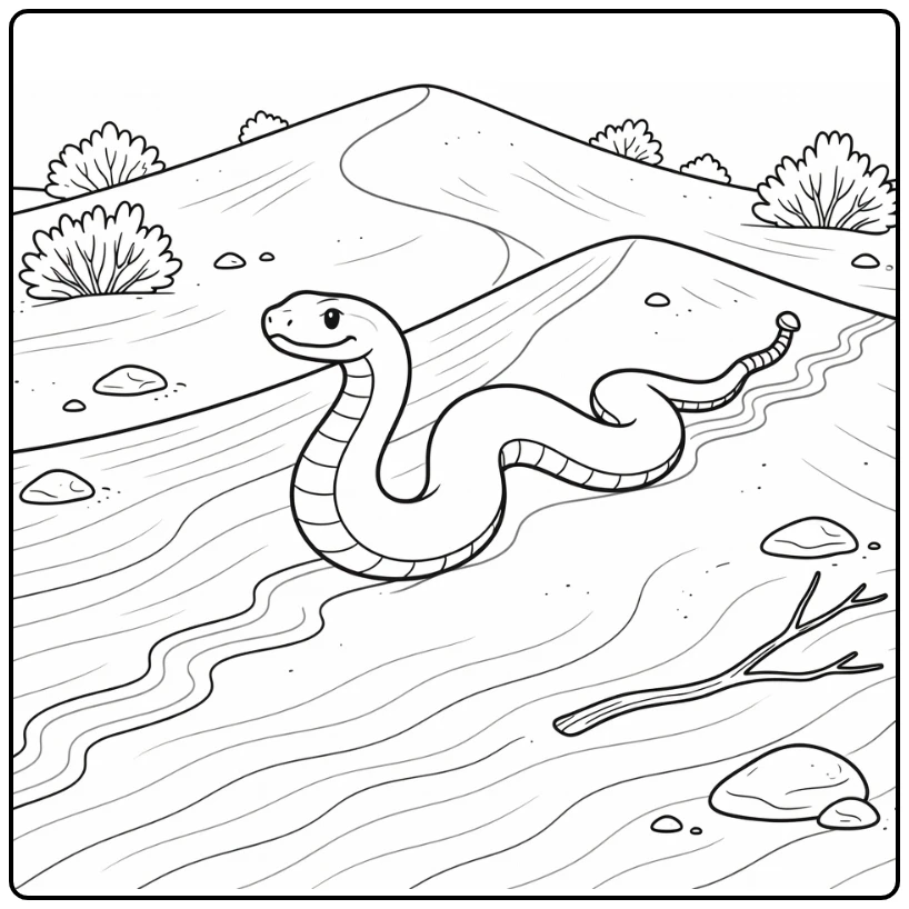 Sidewinder rattlesnake slithering on dune - desert animal coloring page