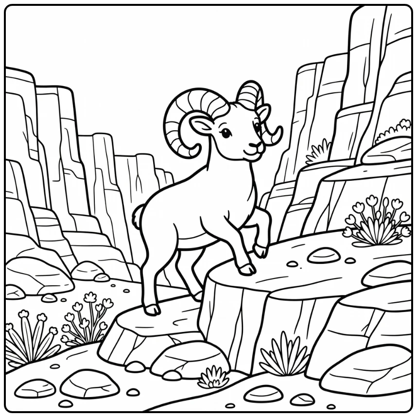Desert bighorn sheep climbing ledge desert animal coloring page