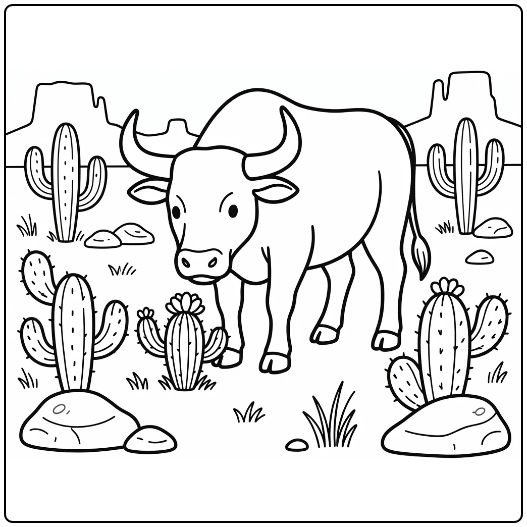 Bull coloring pages: curious bull sniffing cactus flower