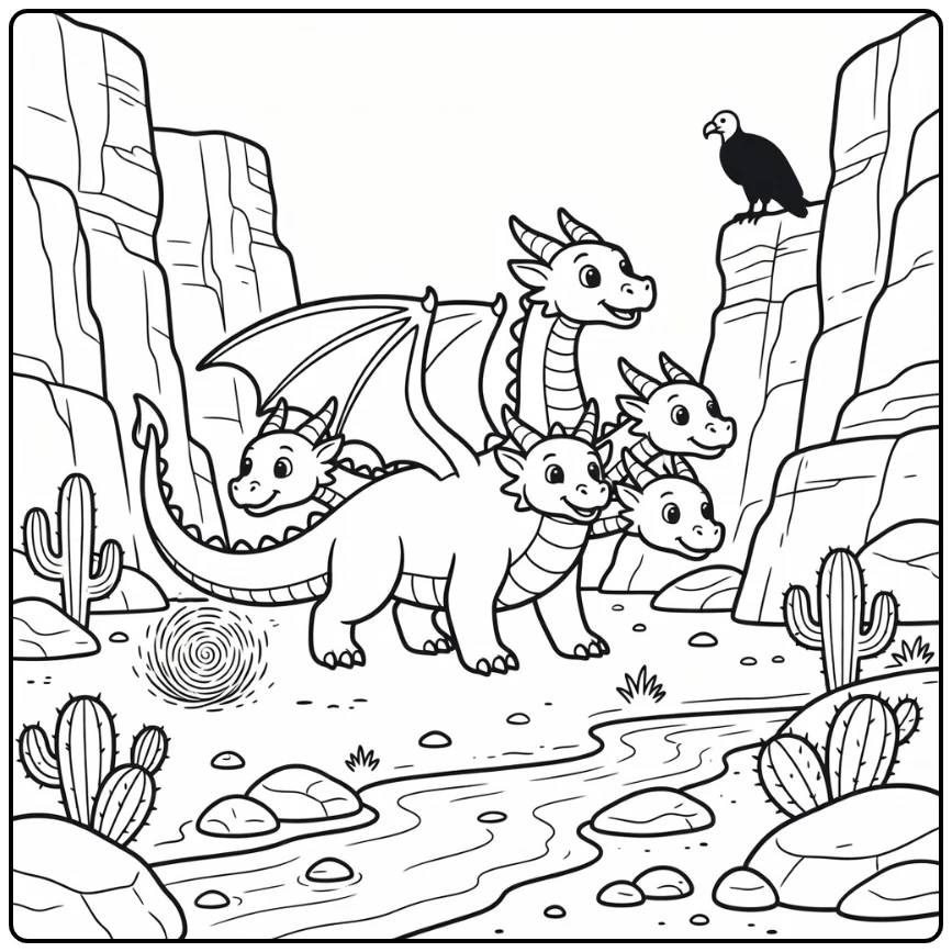 Three-headed hydra dragon coloring page in canyon