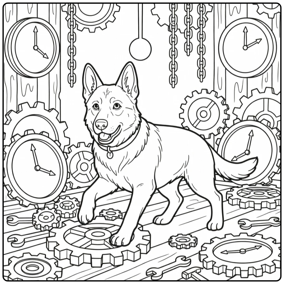 Detailed Dog coloring pages: German Shepherd steps over gear