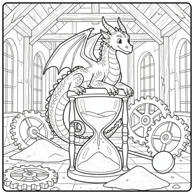 Detailed dragon coloring page on broken hourglass rim