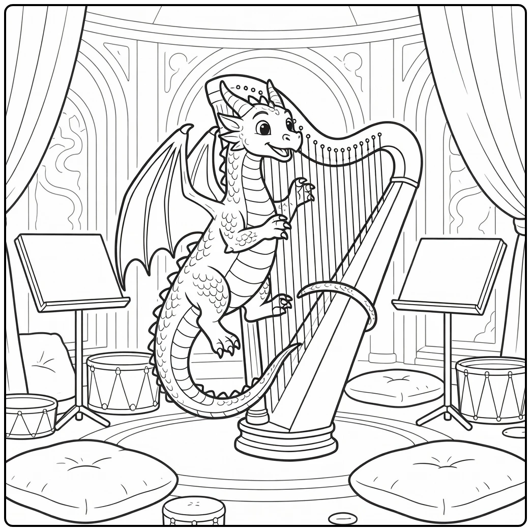 Detailed dragon coloring page: climbing giant broken harp