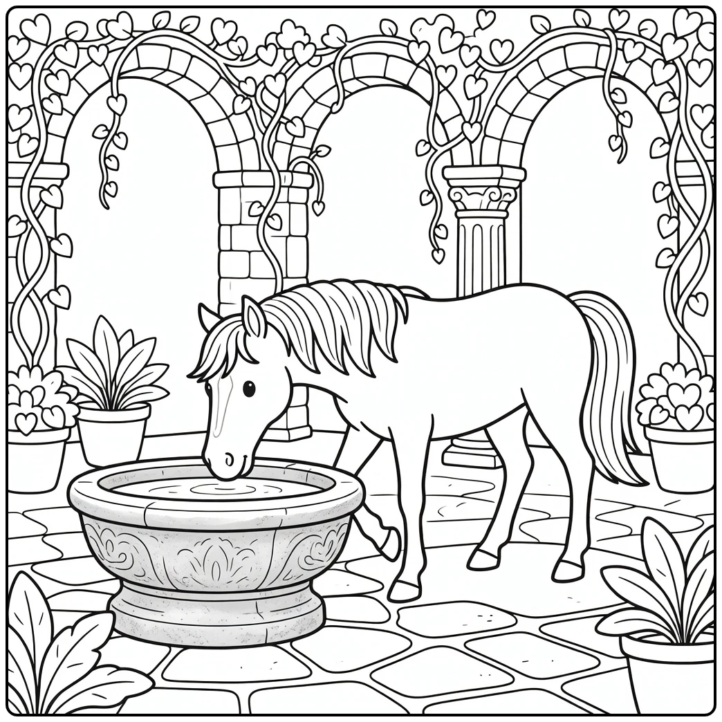 Detailed horse coloring page with fountain and ivy arches