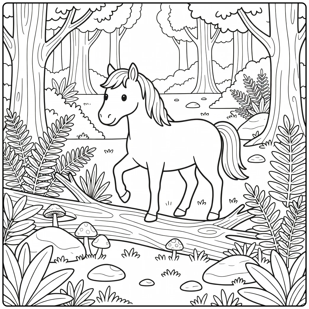 Detailed horse coloring page stepping over log with ferns