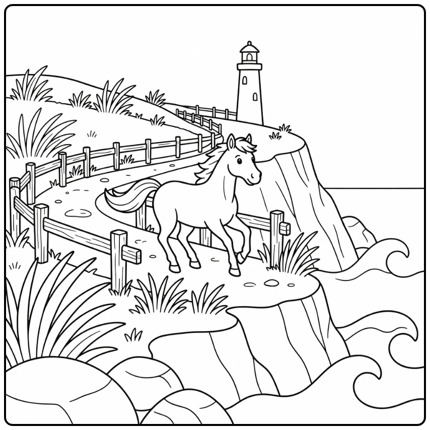 Detailed horse coloring page of horse on coastal cliffs