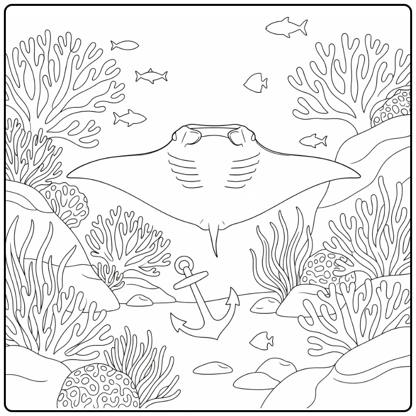 Detailed realistic animal coloring page manta ray anchor