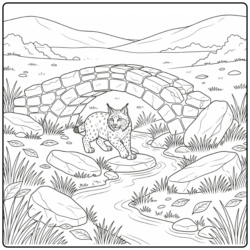 Detailed realistic animal coloring page: lynx by fallen bridge