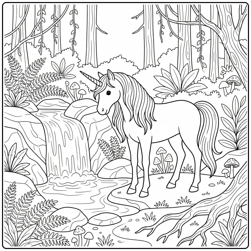 Detailed unicorn coloring page: majestic unicorn at waterfall