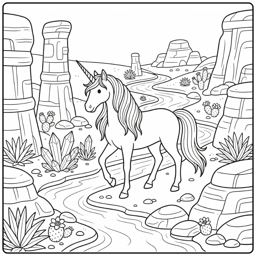 Detailed unicorn coloring page in desert canyon spring