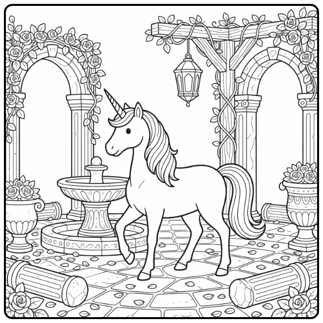 Detailed unicorn coloring page: graceful unicorn in ancient courtyard