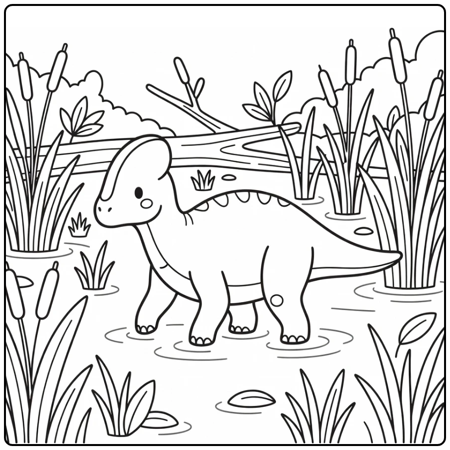 Dinosaur coloring page Corythosaurus in marsh plants