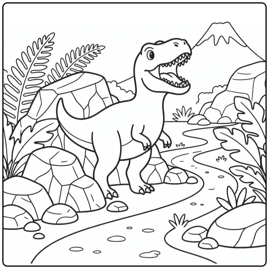 Dinosaur coloring page of Giganotosaurus roaring by rocks