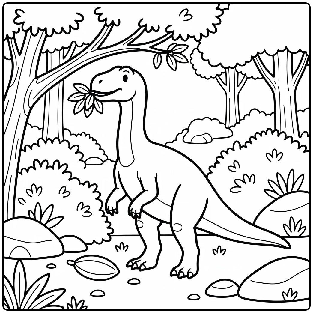 Iguanodon dinosaur coloring page with branch and rocks