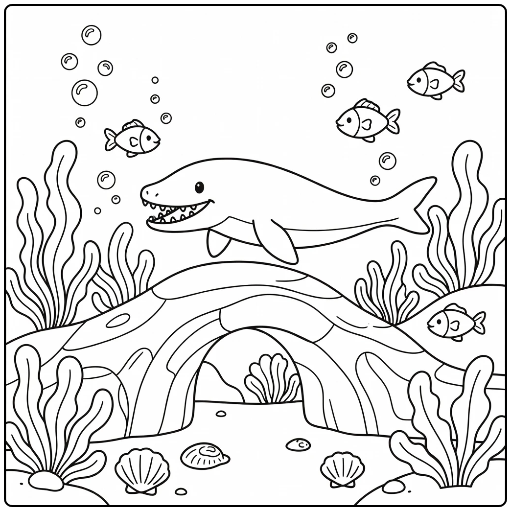 Dinosaur coloring page of Mosasaurus by ocean rock arch