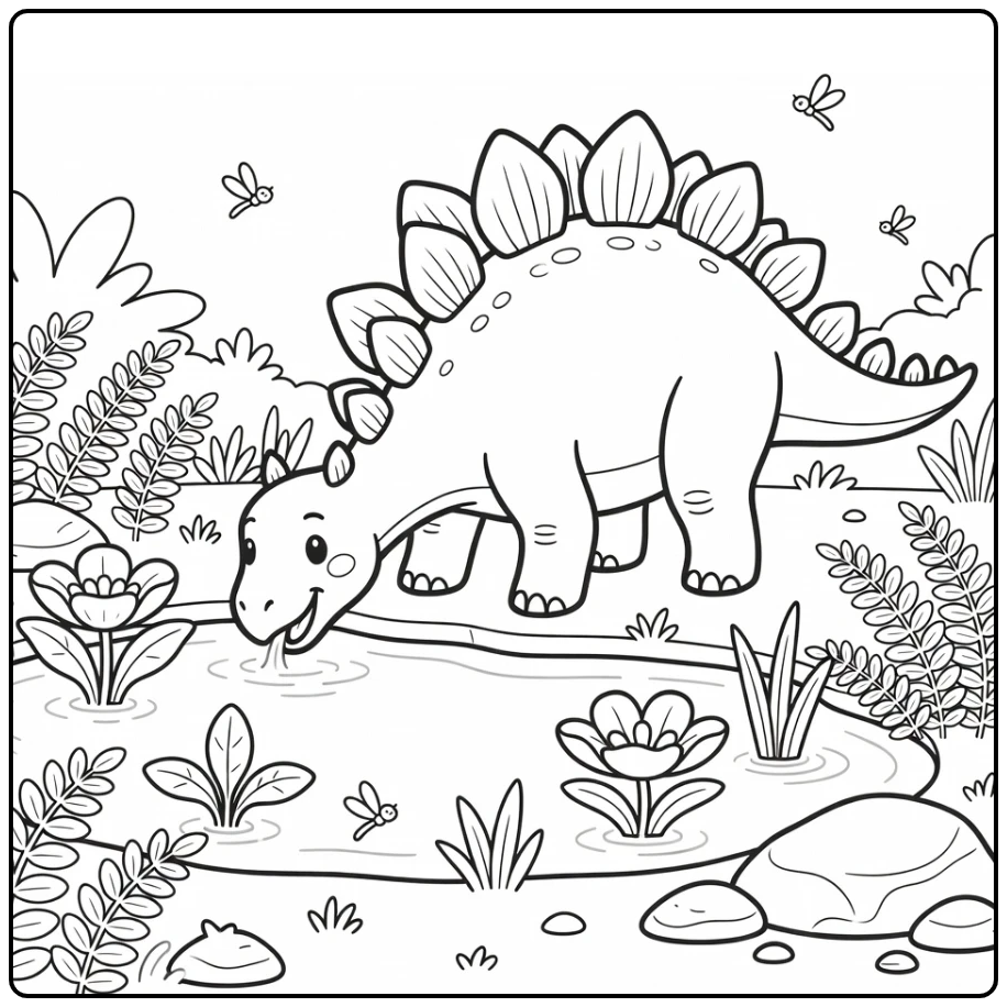 Stegosaurus dinosaur coloring page with pond and dragonflies