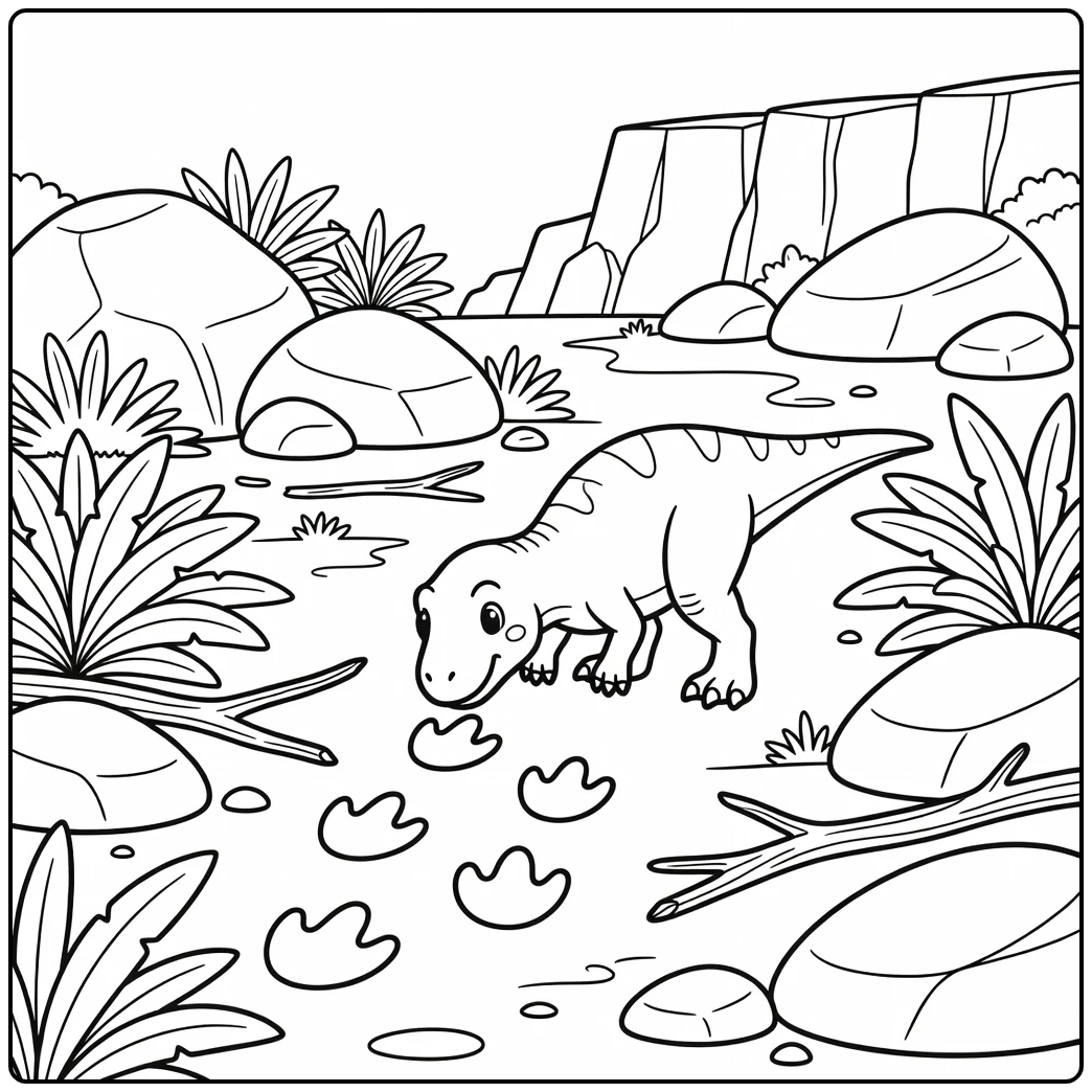 Dinosaur coloring page with Allosaurus sniffing footprints