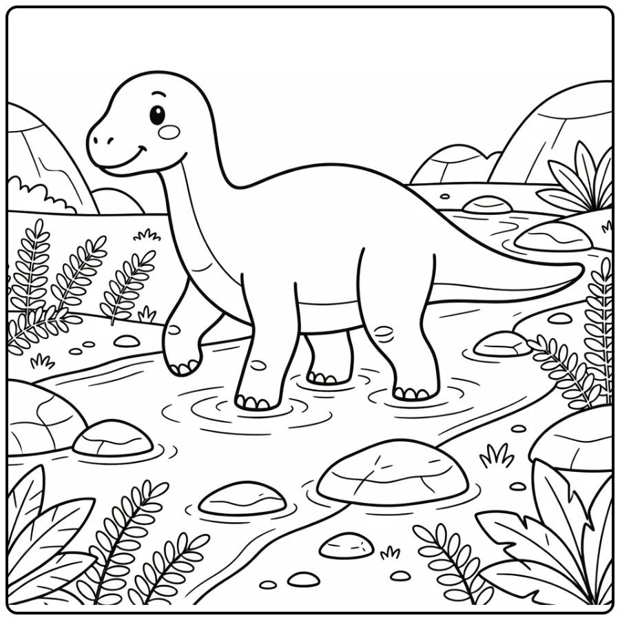 Dinosaur coloring page Apatosaurus crossing rocky river