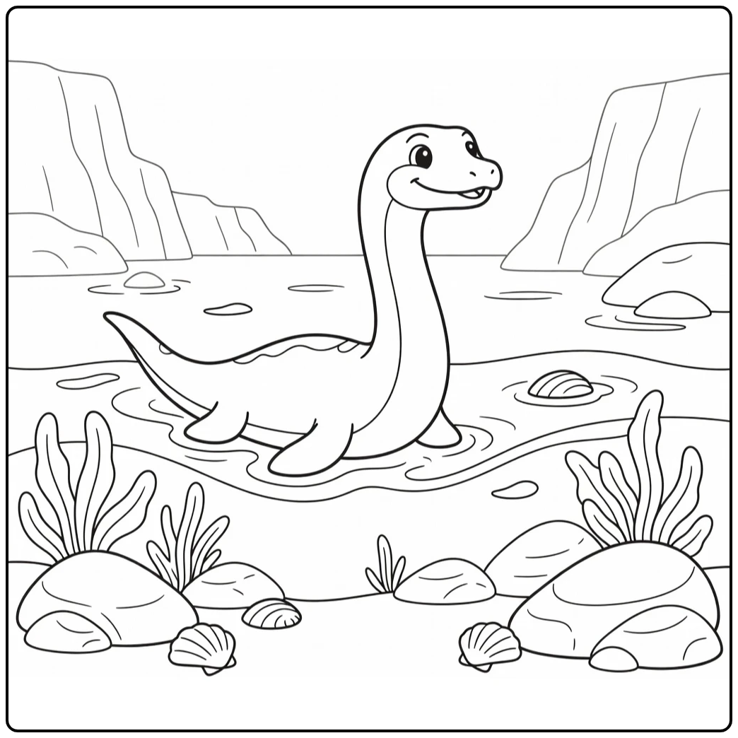 Elasmosaurus dinosaur coloring page with waves and plants