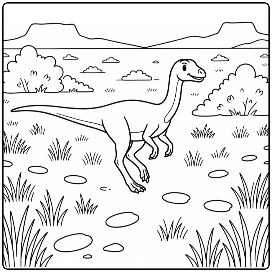 Gallimimus dinosaur coloring page sprinting on plain
