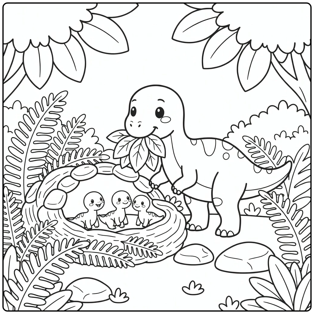 Dinosaur coloring page Maiasaura feeding hatchlings near nest