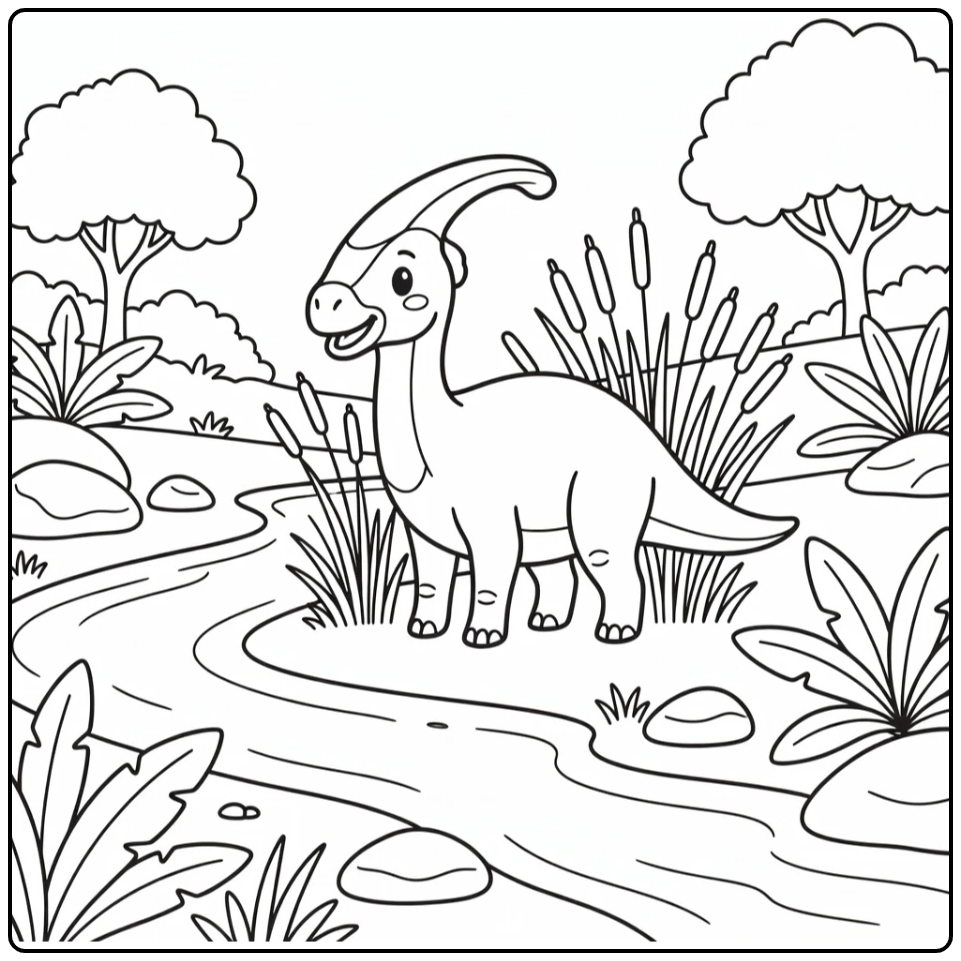 Dinosaur coloring page with Parasaurolophus by reeds and river