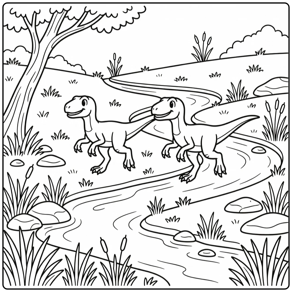 Dinosaur coloring page with two velociraptors by stream