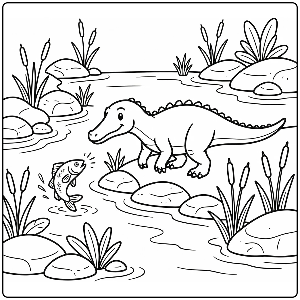 Suchomimus dinosaur coloring page with jumping fish