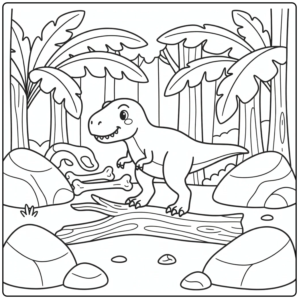 Dinosaur coloring page T-rex over log in prehistoric forest
