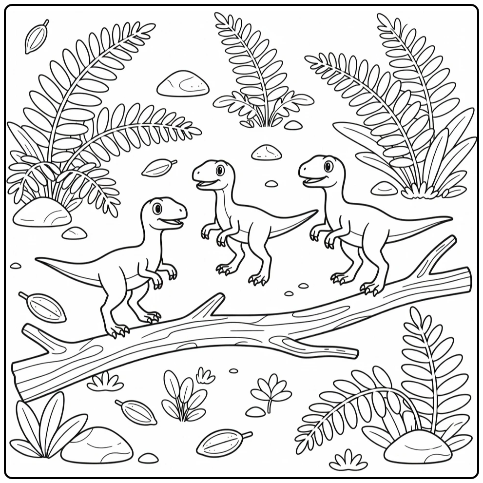 Dinosaur coloring page with three hopping Compsognathus