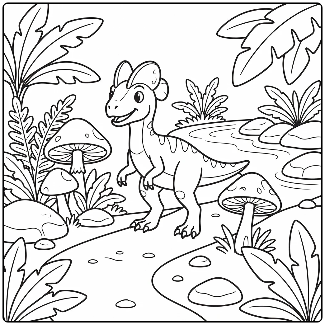 Dilophosaurus dinosaur coloring page with mushrooms and ferns