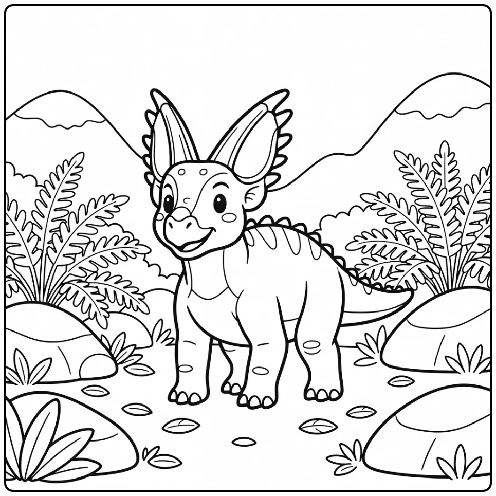 Dinosaur coloring page Styracosaurus in fern clearing