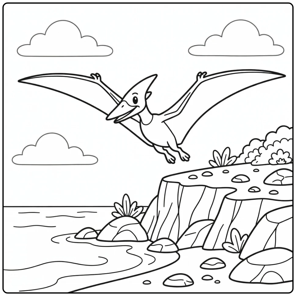Dinosaur coloring page with Pteranodon above seaside cliff