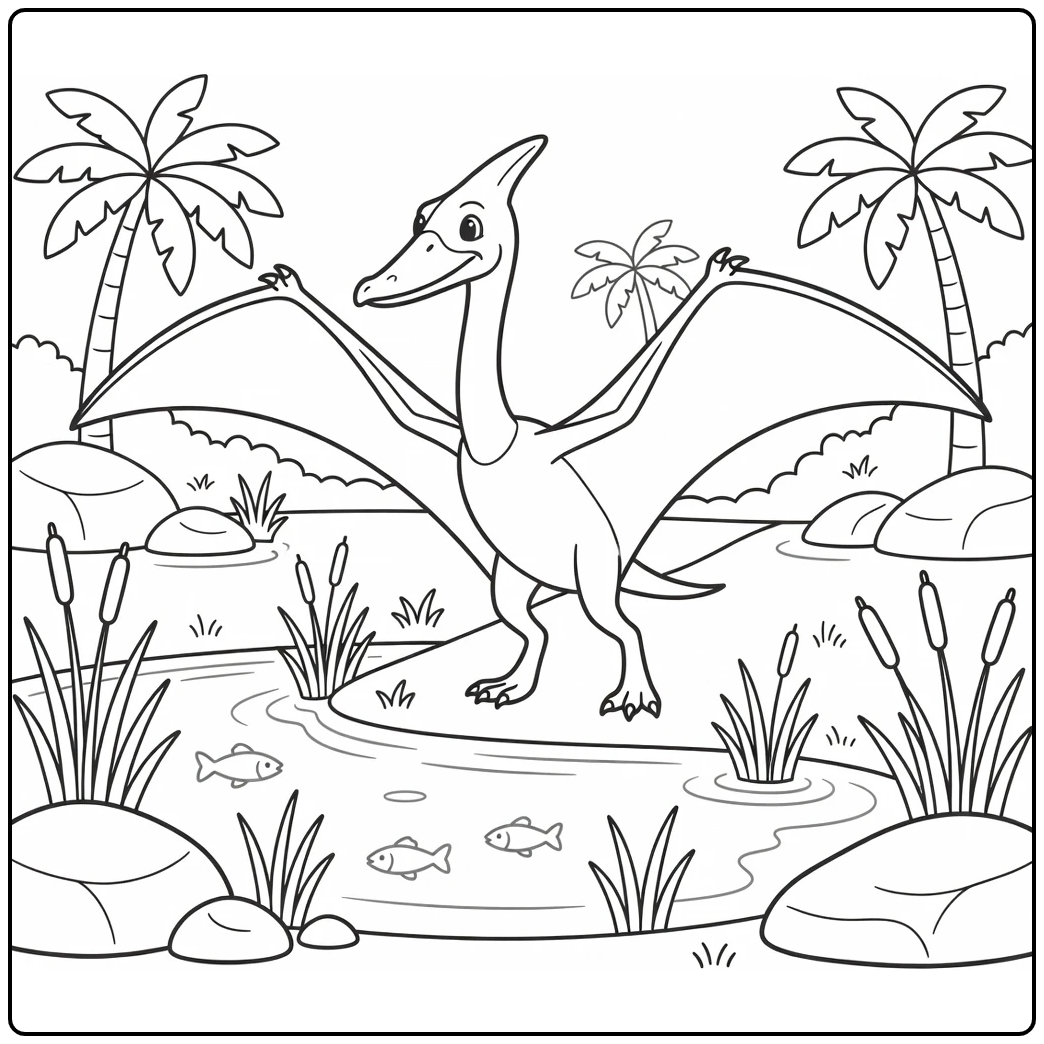 Dinosaur coloring page of Quetzalcoatlus by shallow lagoon