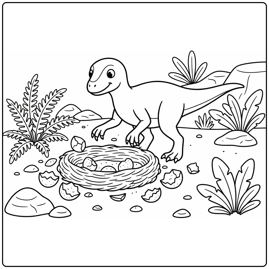 Dinosaur coloring page of Oviraptor near eggshell fragments