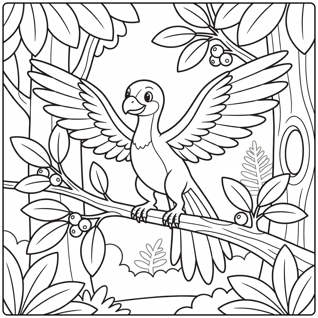 Dinosaur coloring page featuring Archaeopteryx on a branch