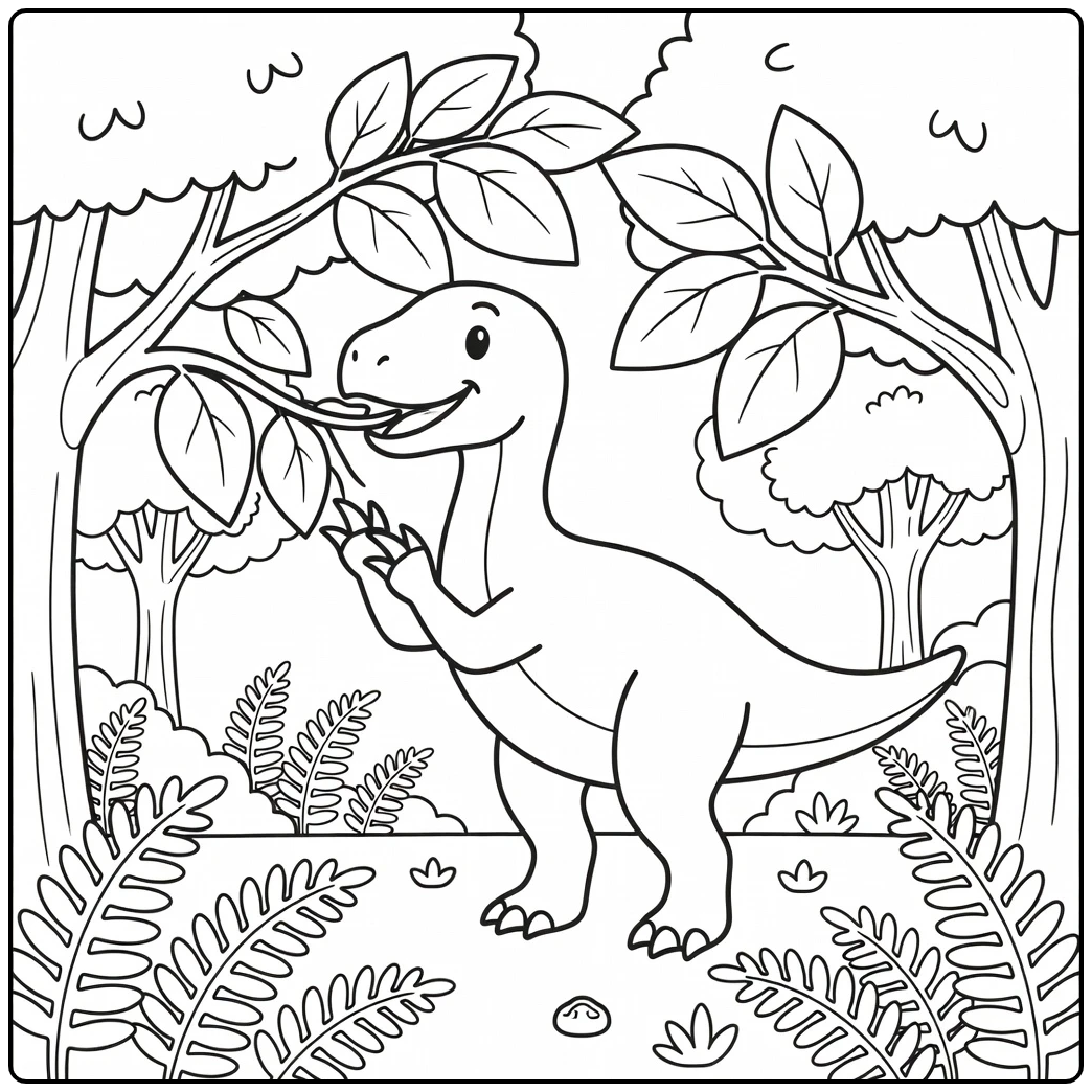 Dinosaur coloring page of Therizinosaurus with claws and ferns